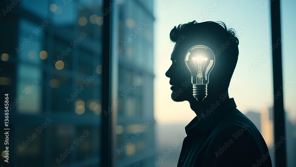 Poster silhouette of a person and a light bulb symbolizing innovative ideas in double exposure with copy sp