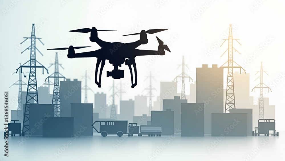 Poster 3d flat icon as silhouette of a drone and a warehouse map symbolizing automated inventory checks in 