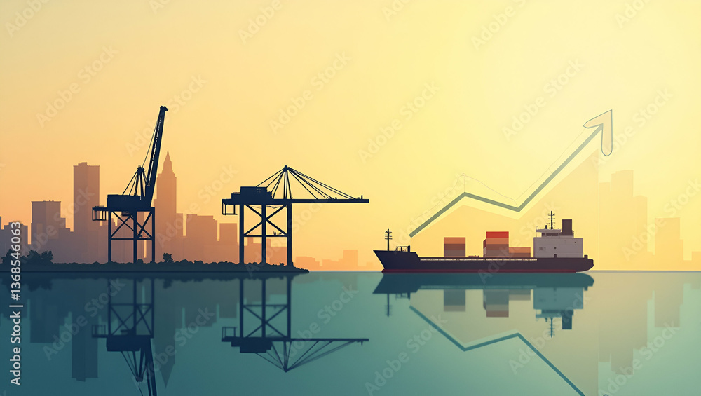 Poster 3d flat icon as silhouette of a port crane and a budget chart symbolizing capital investment in doub