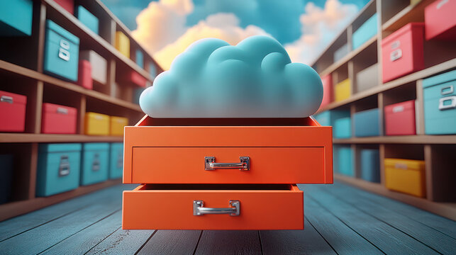 vibrant storage concept featuring orange drawer with cloud symbolizing data storage. background s colorful boxes, creating dynamic and modern
