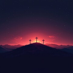 Obraz premium Three crosses at sunrise with spiritual symbolism, Catholic Easter and Good Friday concept art 