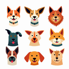 Set of cartoon a dog, Dog avatars. Cartoon dog faces. Various doggy heads. Cute puppy portraits of different breeds