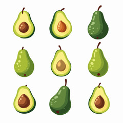 Set avocado vector, Set of fresh whole and half avocado isolated on white background. Organic food. Cartoon style. Vector illustration for design.