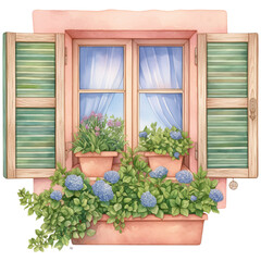 A charming window with green shutters adorned with blooming flowers and greenery in pots, creating a vibrant and inviting ambiance.