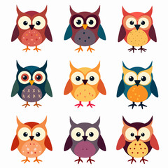 Set of cute owl illustrations in various colors, A colorful cartoon funny owl set on a white background