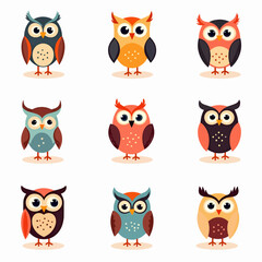 Set of cute owl illustrations in various colors, A colorful cartoon funny owl set on a white background