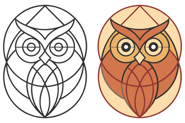 Obraz premium Stylized Owl with Geometric Shapes, Outline and Colored Version