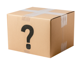 Mysterious package with question mark for surprise delivery or gift on a transparent background, cut out
