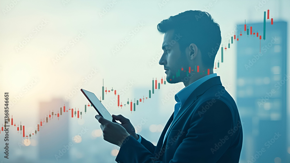 Poster 3d flat icon as silhouette of a person and a market index chart symbolizing market performance in do