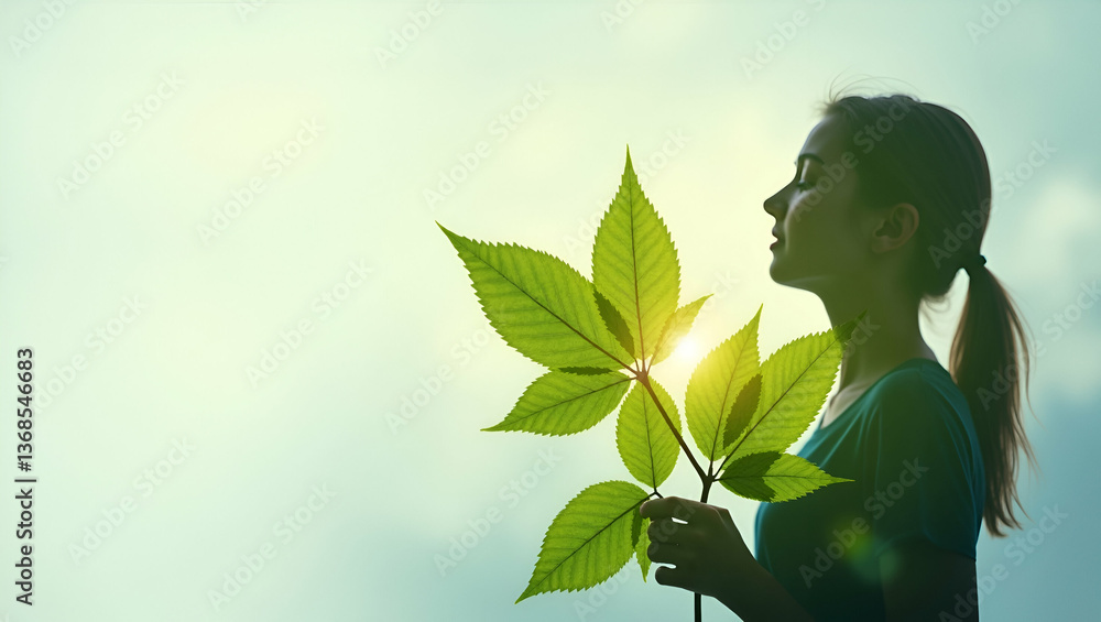 Poster double exposure of a person and green leaves: symbolizing connection with nature and growth - perfec
