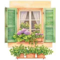 A charming window with green shutters adorned with colorful flowers and lush greenery in pots, creating a vibrant and inviting atmosphere.