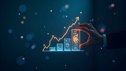 3D Flat Icon: Silhouette of Automated Sorter with Performance Graph - Optimized Sorting & Warehouse Efficiency in Double Exposure on Isolated White Background