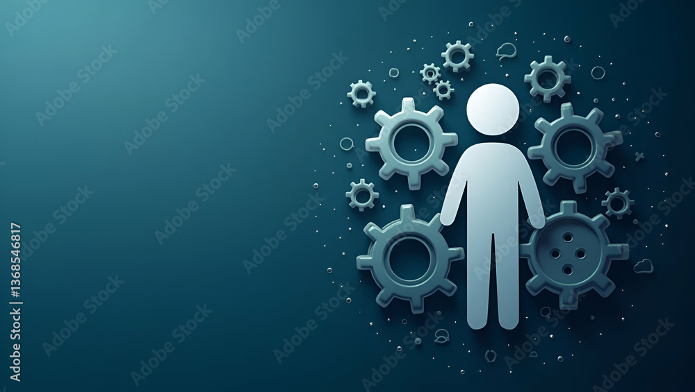 Aufkleber 3d flat icon as person and gears symbolizing technology and progress in double exposure with copy sp