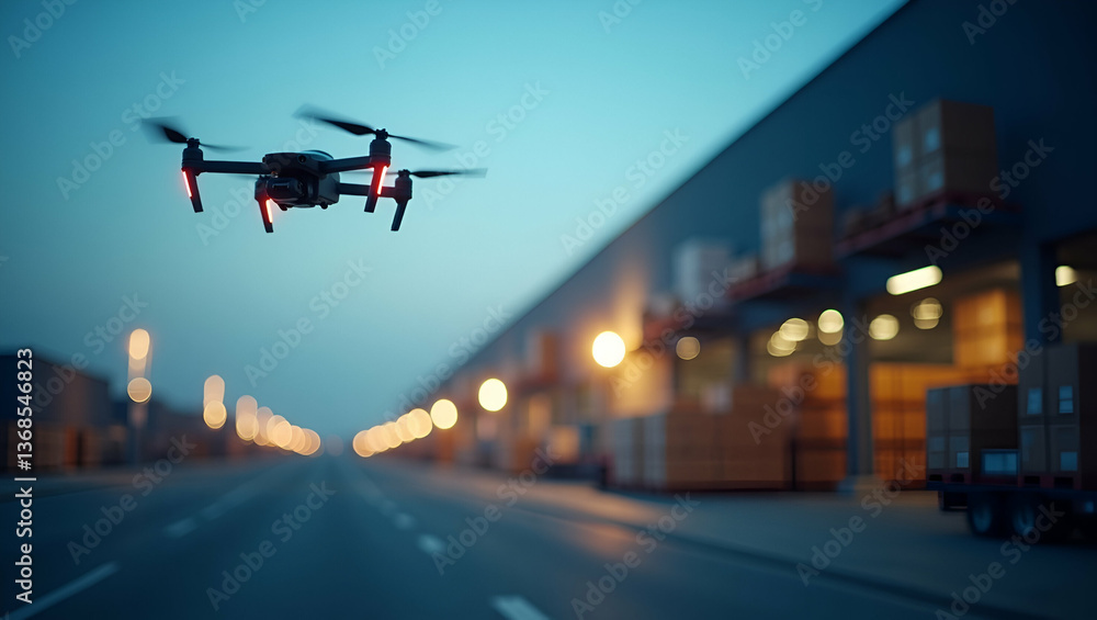 Poster silhouette of warehouse drone & logistics software for automated inventory optimization
