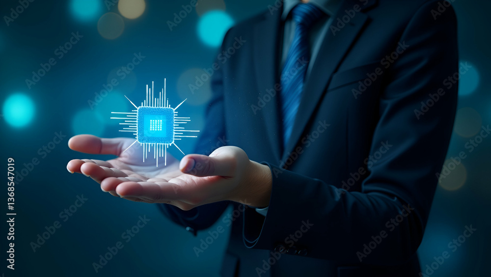 Poster innovative fusion: a person and microchip in double exposure - symbolizing electronic advancements a