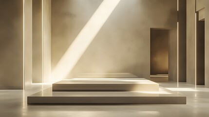 A podium with a mirror finish and sharp, clean lines, surrounded by soft, ambient light in a high-end gallery.