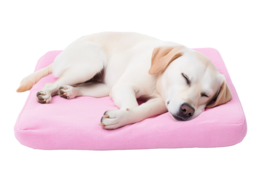 Cozy sleeping dog on a soft pink cushion indoors on a transparent background, cut out