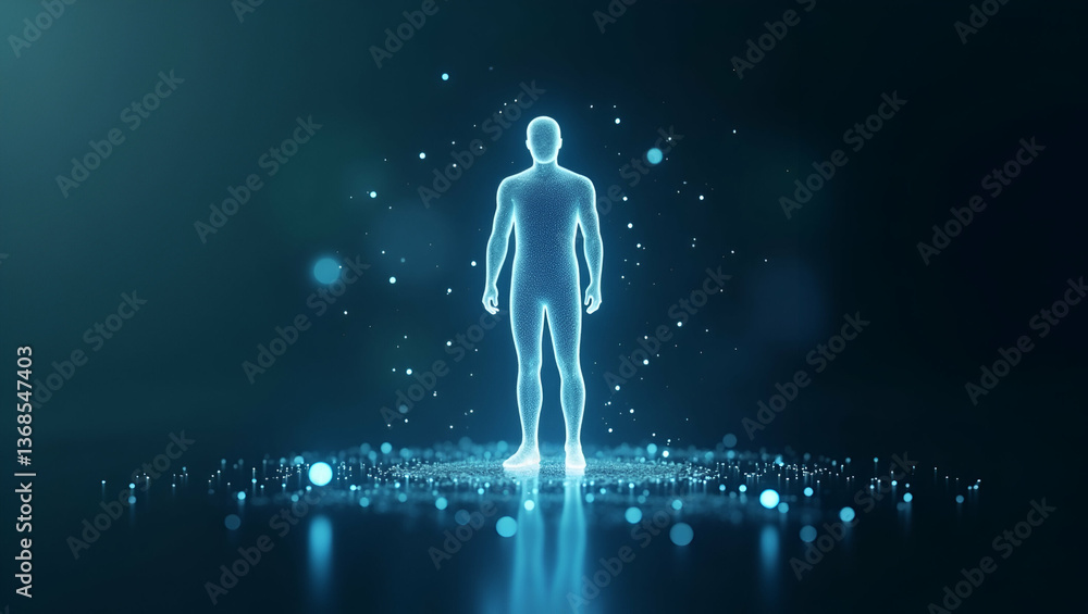 Poster 3d flat icon as person and a hologram symbolizing futuristic technology in double exposure with copy