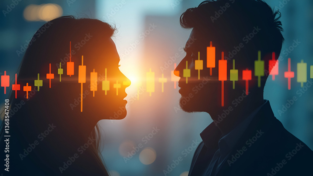 Poster silhouette of a person and a candlestick chart symbolizing stock analysis in double exposure with co