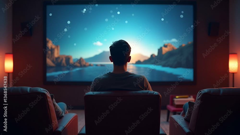 Poster 3d flat icon as person with a modern home theater movie screen and popcorn overlay symbolizing home 