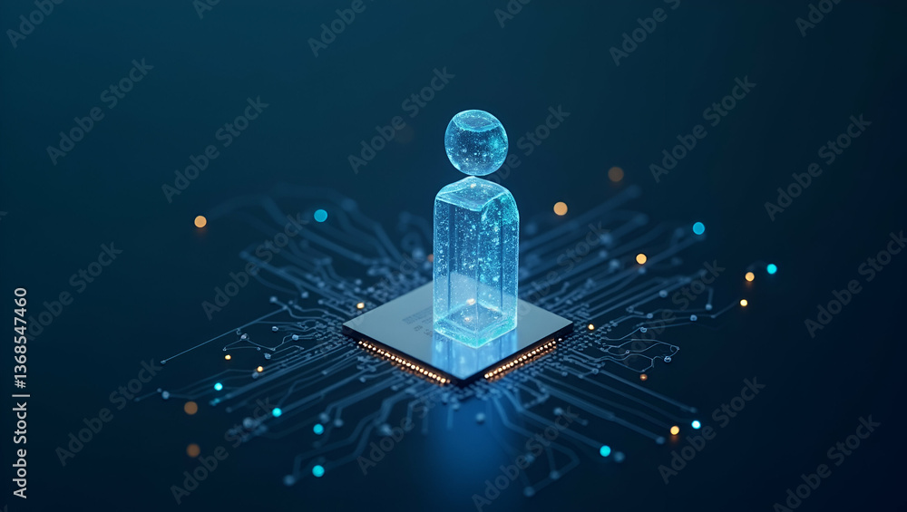 Poster 3d flat icon as person and a computer chip symbolizing digital innovation in double exposure with co