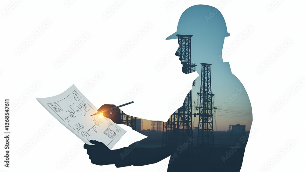 Poster 3d flat icon: silhouette of engineer with electrical blueprint - symbolizing innovation in electrica