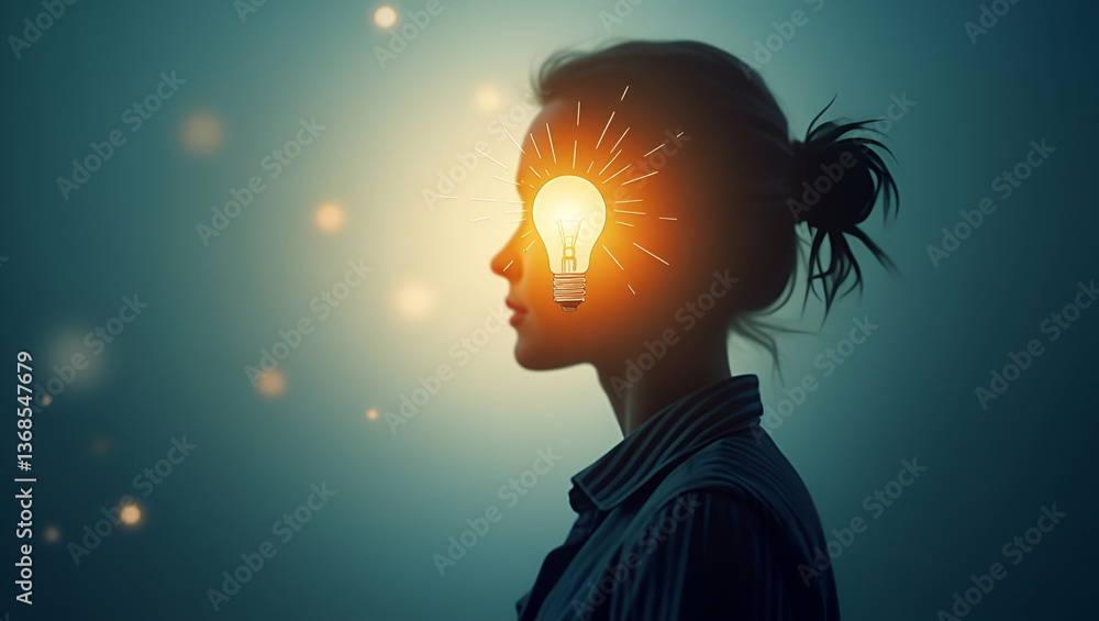 Poster innovative ideas: silhouette of a person merged with a light bulb in double exposure - creative conc