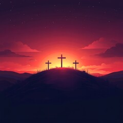 Three crosses on hill at sunrise in minimalist vector style, symbolic of Golgotha and Easter
