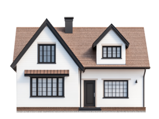 Modern residential house design with classic features and charm on a transparent background, cut out