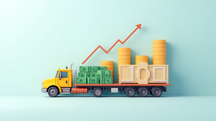 3d Flat icon as Cargo yard and a cash management chart symbolizing cash management in logistics in double exposure with copy space. concept as A cargo yard blended with a cash management chart represe