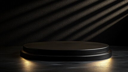 Elegant black stage with golden lighting spotlight in dark background for product presentation