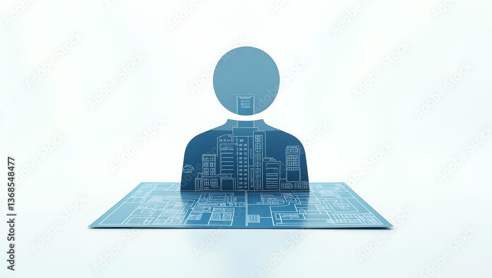 Poster 3d flat icon as person and a city map blueprint symbolizing urban planning in double exposure with c