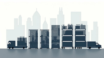 3D Flat Icon: Silhouette of Automated Sorting System & Logistics Report - Symbolizing Sorting Efficiency & Warehouse Optimization with Ample Copy Space on White Background