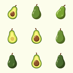 Set avocado vector, Set of fresh whole and half avocado isolated on white background. Organic food. Cartoon style. Vector illustration for design.