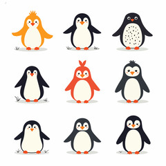 Cute penguins set. Adorable arctic antarctic birds in playful poses, waddling, walking, standing with wings. Polar animals, mammal characters, fauna from Antarctica. Isolated flat vector illustrations