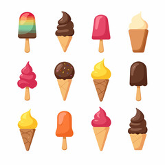 Set ice cream on a white background,  A delightful vector illustration set of various ice cream cones with toppings in a playful cartoon style.
