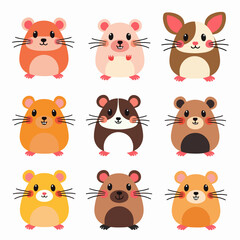 Set of cartoon hamster, isolated on white background , transparent vector style flat color