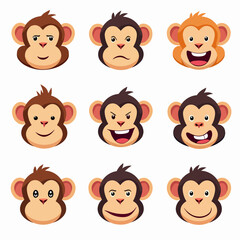Set of cartoon fcae monkey, set of happy and surprised cartoon monkey face