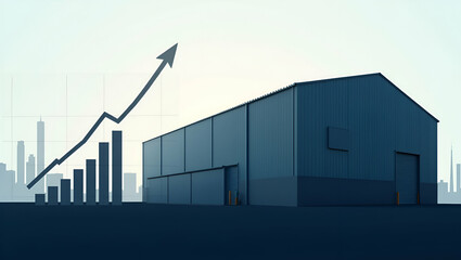 Double Exposure: Silhouette of a Warehouse with Turnover Analysis Chart - Visualizing Turnover Efficiency and Inventory Management with Copy Space for Text