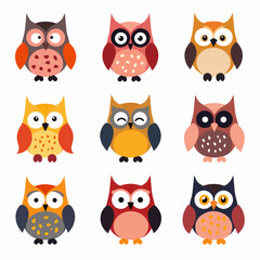 Cartoon Owl Set Illustration on a white background, Owl set icon