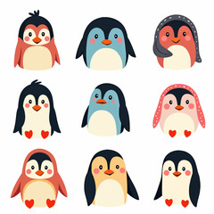 Naklejka premium Cute penguins set. Adorable arctic antarctic birds in playful poses, waddling, walking, standing with wings. Polar animals, mammal characters, fauna from Antarctica. Isolated flat vector illustrations