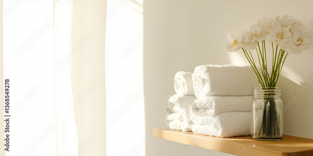 Poster serene spa scene: an intimate setting features neatly folded towels and delicate orchids in a vase, 