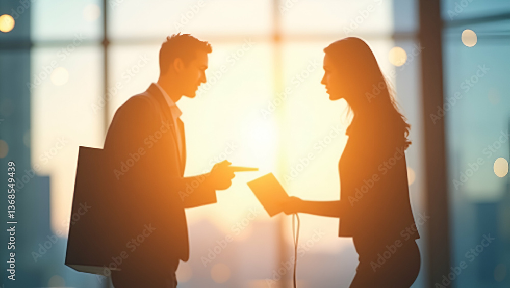 Poster silhouette of a person and a price tag symbolizing sales promotion in double exposure with copy spac