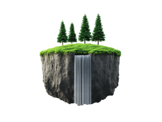 Floating island with trees and waterfall for creative projects on a transparent background, cut out