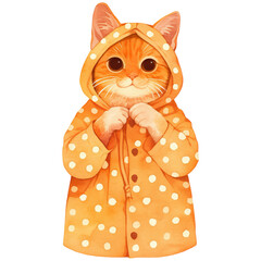A cute orange cat wearing a polka-dotted raincoat, standing with its paws clasped together, exuding a cheerful demeanor.