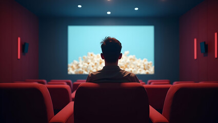 3D Flat Icon: Person with Home Theater Screen & Popcorn - Modern Cinema Experience Design