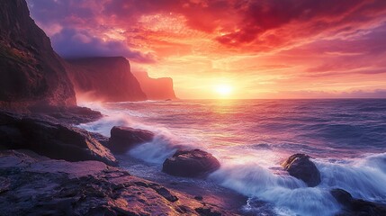 Obraz premium Dramatic coastal vista at sundown featuring soaring cliffs and crashing waves