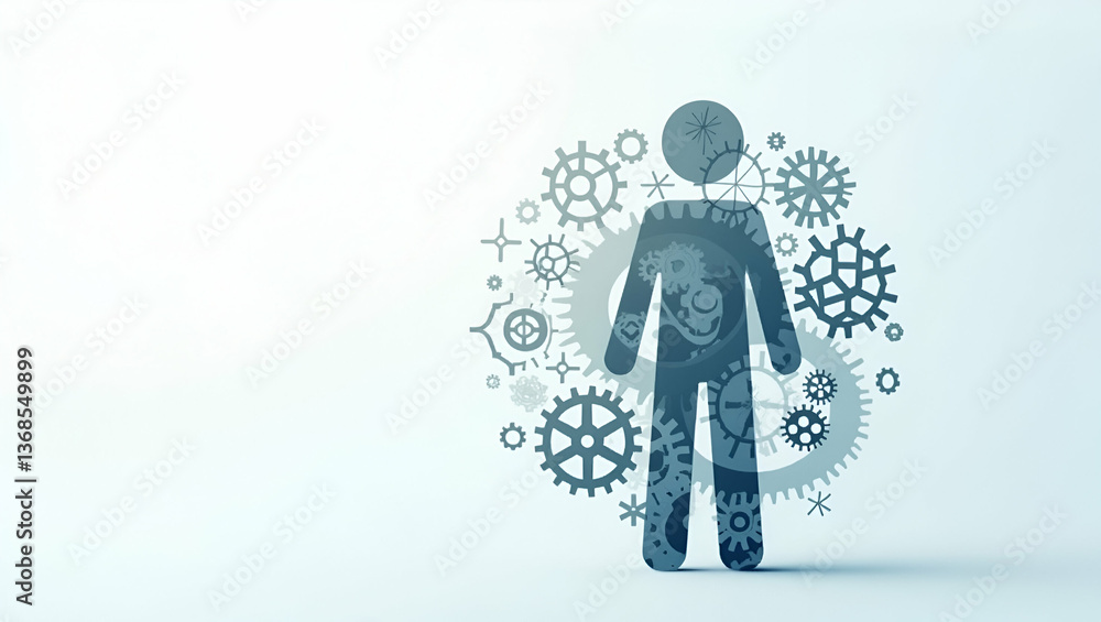 Aufkleber 3d flat icon of a person and gears: symbolizing technology and progress in double exposure with copy