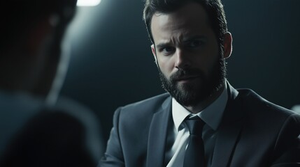 Businessman in suit having serious conversation with another person in dimly lit setting. Showing professional business discussion and formal interaction.