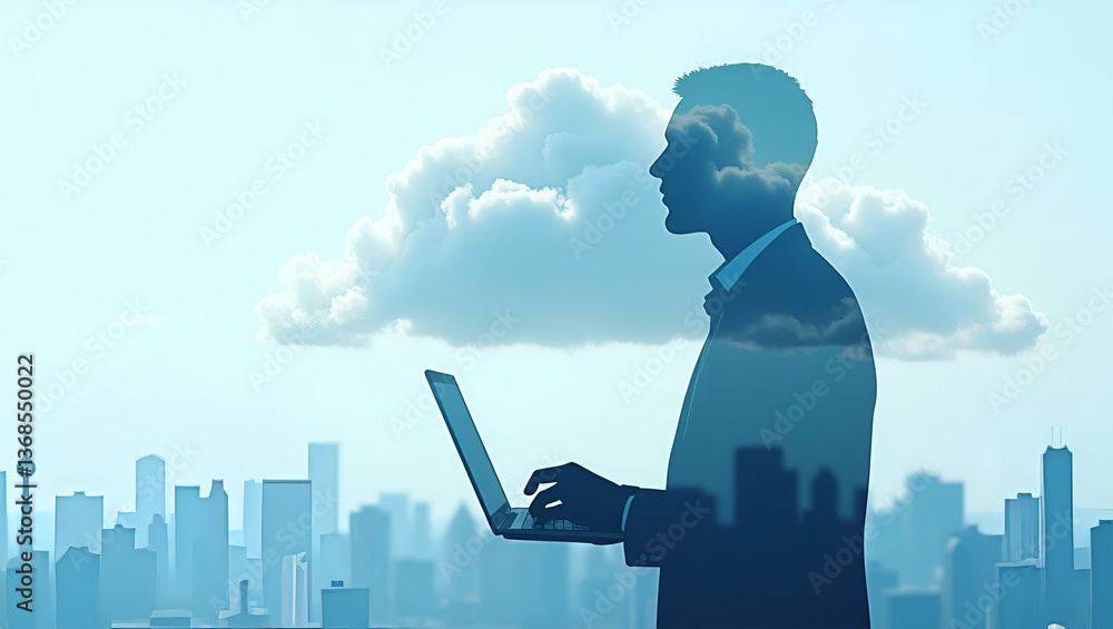 Poster 3d flat icon: silhouette of a person merged with data cloud for cloud computing innovation